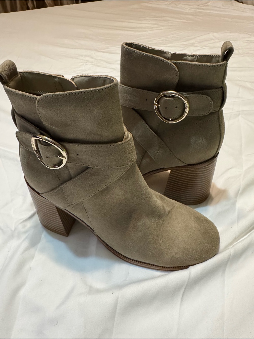 Nine West Taupe Suede Buckle Ankle Booties